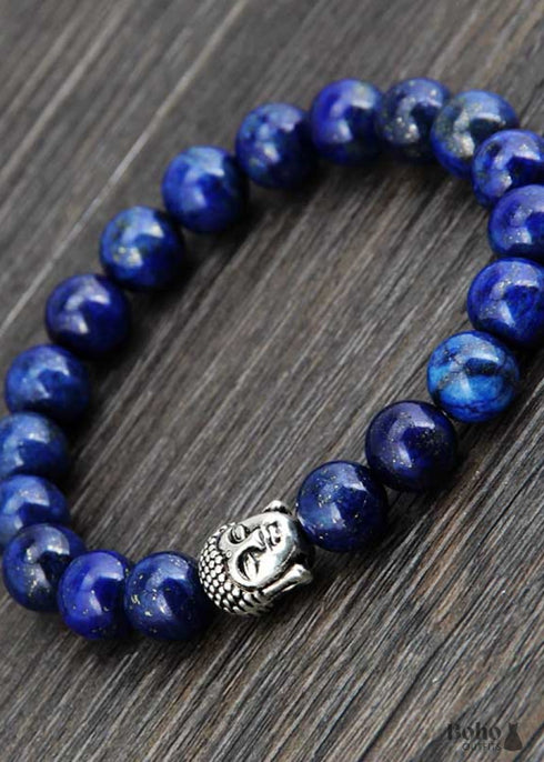 Boho Bracelet, Stretchy Bracelet, 8MM Blue Lapis Luzuli Antique Buddha
